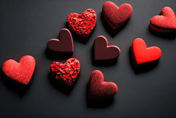 Fototapeta premium Composition of cute volumetric red hearts models on black background, 3d, great for Valentine's Day, wedding, Mother's Day - textiles, banners, wallpaper, background, love symbol. generative art