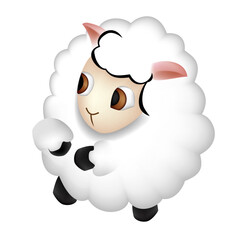 Playing fluffy little cartoon white sheep, with cute eyes, cops and curly fur