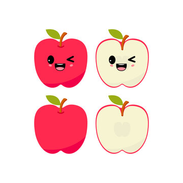 Frisky apple with kawaii emoji. Flat design vector illustration of red apple on white background
