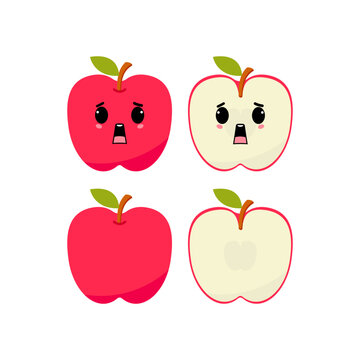 Frightened apple with kawaii emoji. Flat design vector illustration of red apple on white background