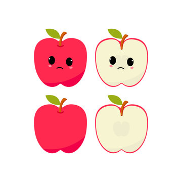Puzzled apple with kawaii emoji. Flat design vector illustration of red apple on white background