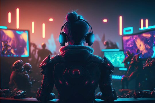 Futuristic Professional E-Sports gamer playing online games computer with headphones,cyberpunk game room background ,Generative AI
