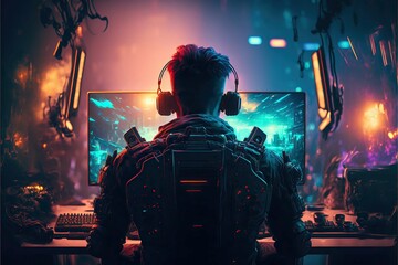 Fototapeta Futuristic Professional E-Sports gamer playing online games computer with headphones,cyberpunk game room background ,Generative AI
 obraz