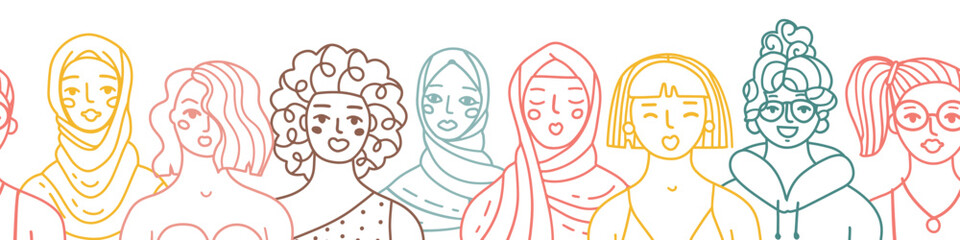 Hand drawn different female portraits seamless border. Trendy doodle women queue with abstract line shapes. Vector stylized linear illustration for IWD, Break the bias campaign.