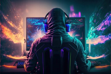 Obraz premium Futuristic Professional E-Sports gamer playing online games computer with headphones,cyberpunk game room background ,Generative AI 
