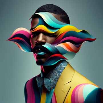 Fototapeta Generative ai optical art fashion portrait black young man big mustache posing