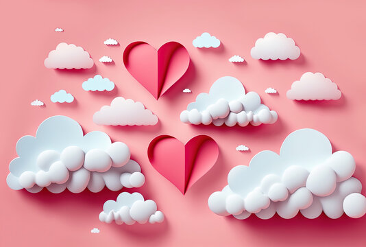 Cute volumetric models of pink paper hearts and white clouds on a pink background, 3d, great for Valentine's Day, wedding, Mother's Day - textiles, banners, wallpaper, background, love symbol. 