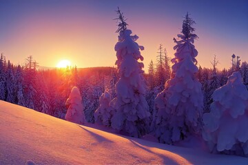 Sunset in winter in forest. Genarative AI
