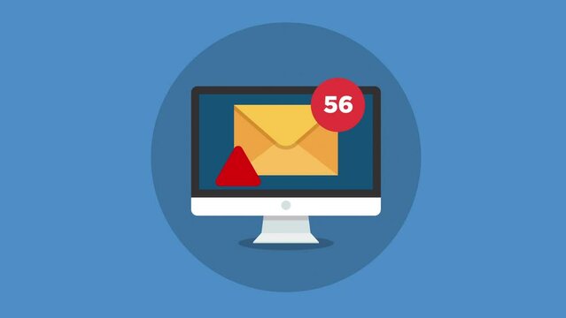 too many e-mails and spam alert concept motion animation.desktop computer pc flat design.pc monitor conceptual animation video clip.blue background.