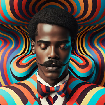 Fototapeta Generative ai optical art fashion portrait black young man big mustache posing
