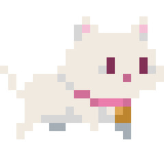 Pixel art 8 bit Cute white Cat Kitten with collar domestic pet isolated stock illustration transparent background