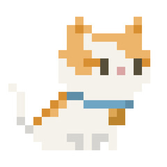 Pixel art 8 bit Cute tricolor orange Cat Kitten with collar  domestic pet isolated stock illustration transparent