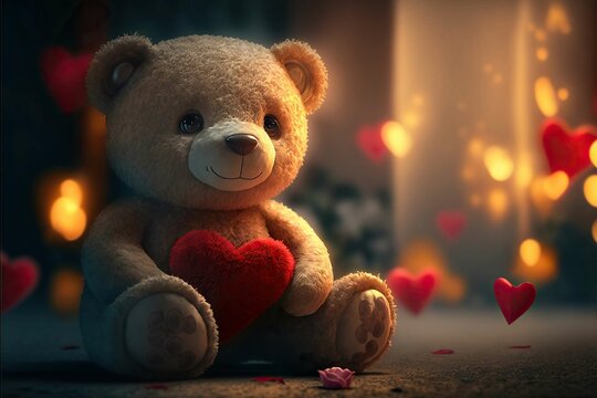 Portrait Cute teddy bear holding valentine's heart and red rose, Valentine's day and love concept ,Generative AI
