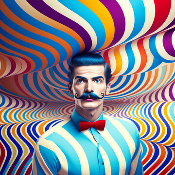 Fototapeta Generative ai optical art fashion portrait caucasian young man big mustache posing