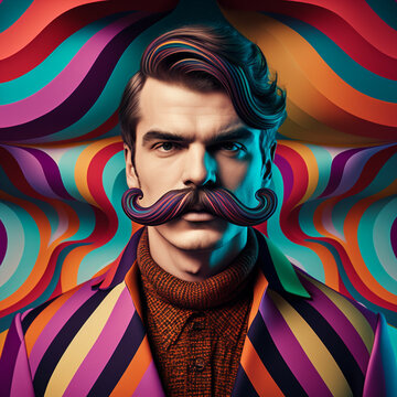 Fototapeta Generative ai optical art fashion portrait caucasian young man big mustache posing
