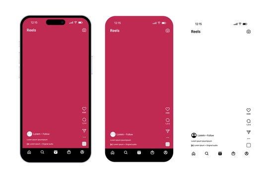Instagram reels empty screen ui blank template mockup. Instagram reel smartphone screen with like, comment, share, shop icon.