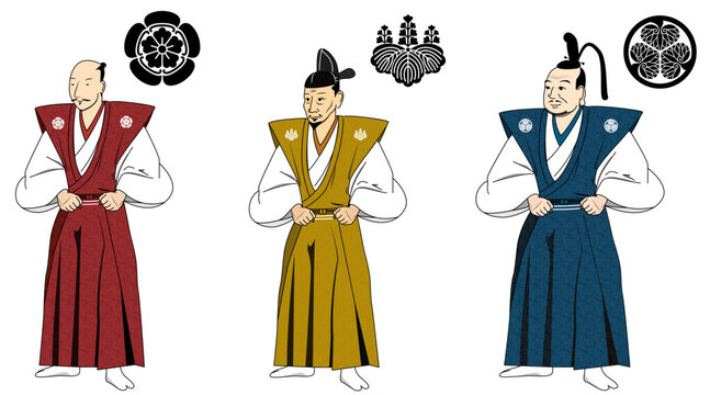 織田信長、豊臣秀吉、徳川家康。日本の歴史上で有名な戦国武将の三人。裃を着た殿様を漫画風に描きました。
