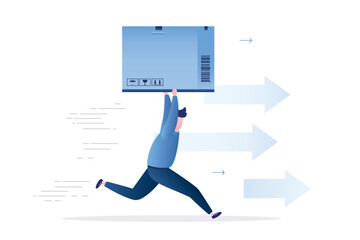 Male courier runs fast with large cardboard box. Deliveryman carries parcel. Fast delivery, internet commerce. Free delivery service of goods from online store.