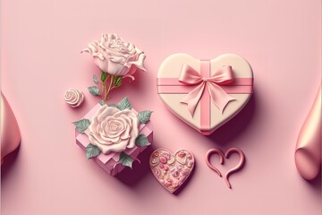 Ribbon in shape of heart with gift boxes and rose flowers on pink background. Happy Valentines day, Mothers day, birthday concept. Romantic flat lay composition