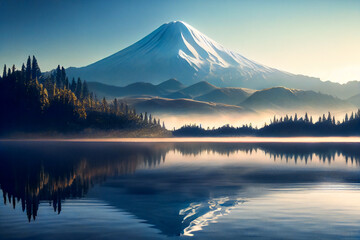 Fuji Mountain And Lake.  Generative AI.