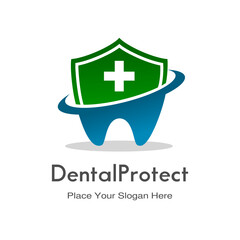 Obraz premium Dental protection vector logo template. Tooth with shield symbol. Suitable for guard, hospital, clinic and medical.