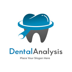 Dental analysis vector logo template. Tooth with magnifying glass symbol. Suitable for medical business.