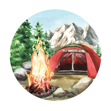 Hiking Tent and Bonfire in the forest. Camping concept, Hand  drawn watercolor illustration isolated on white background