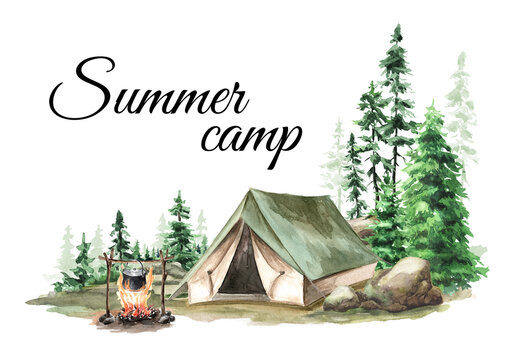 Hiking Tent and Bonfire in the forest. Camping concept, Hand drawn watercolor  illustration  isolated on white background