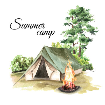 Hiking Tent and Bonfire in the forest. Camping concept, Hand drawn watercolor  illustration isolated on white background