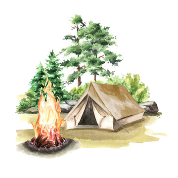 Hiking Tent and Bonfire in the forest. Camping concept, Hand drawn watercolor illustration isolated on white background