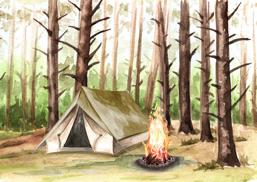 Hiking Tent and Bonfire in the forest. Camping concept. Hand drawn watercolor illustration isolated on white background