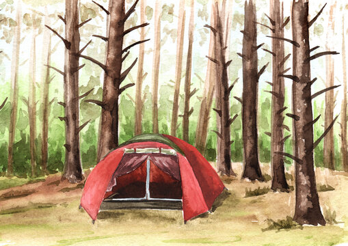 Hiking Tent and Bonfire in the forest. Camping concept. Hand drawn watercolor illustration