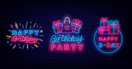 Happy Birthday neon badges collection. Anniversary celebration. Holiday party with gift boxes. Vector illustration
