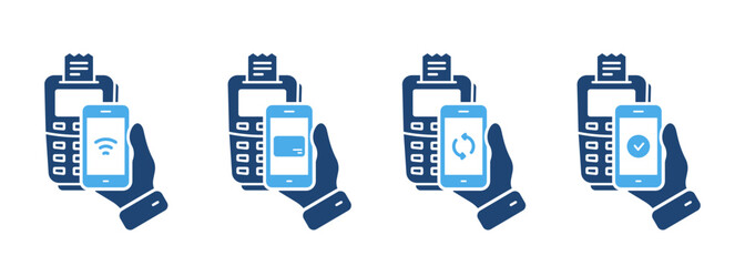 Process of Payment on Terminal by Mobile Phone Silhouette Icon Set. POS and Smartphone Bank Processing Pictogram. Check Cashless Payment Transaction NFC Technology Icon. Isolated Vector Illustration