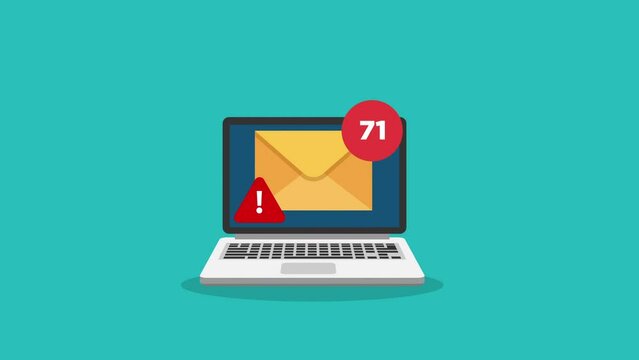 too many e-mails and spam alert  alert concept motion animation.Laptop computer pc flat design.notebook monitor conceptual animation video clip.