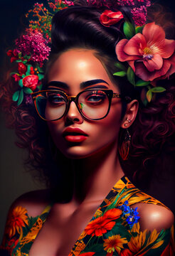 Illustration of a sunglasses girl.  Beauty flowers face of a woman.  Flowers in the head.  Generative AI.