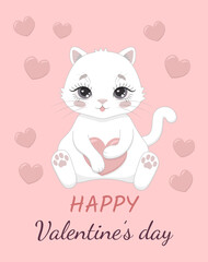 Greeting card with cute kitten on pink background