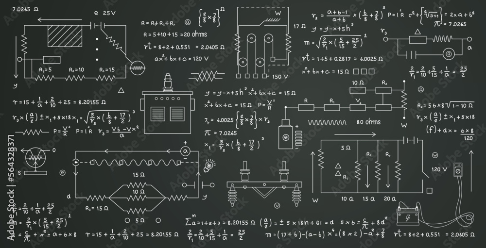 Wall mural scientific formulas for calculating electricity and circuits written on a blackboard.