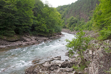 Summer, river, mountainous terrain, tourist routes running through the park, a place for walking and recreation.