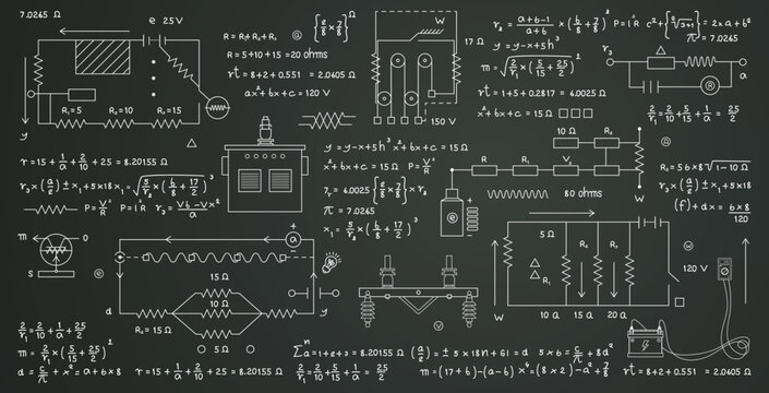Scientific formulas for calculating electricity and circuits written on a blackboard.