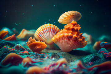 Obraz na płótnie Canvas Close-Up Of Seashells Underwater. Generative AI.