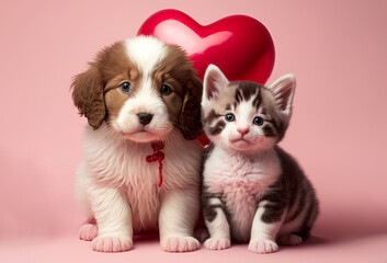 Cute puppy dog and kitten with a love heart balloon. Valentines day concept. Generative ai - obrazy, fototapety, plakaty