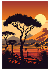 African landscape at sunset, vector illustration