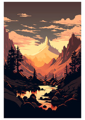 Mountain landscape at sunset, vector illustration