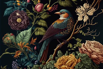 Vector illustrations pattern of flower, plant, leaves, bird, fantasy vintage ,for greeting card,Wedding invitations,Generative AI
