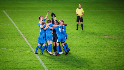 Soccer Football Championship: Blue Team Celebrates With Goalkeeper After Succesfully Defending...
