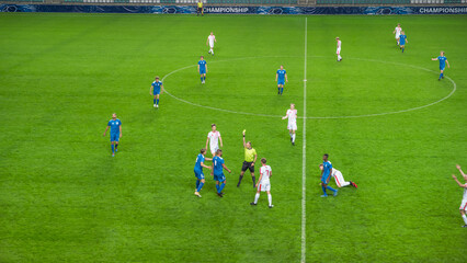 Soccer Football Championship Match: White Team Attacks, Loses Ball to Foul, Referee Whistles Signal...