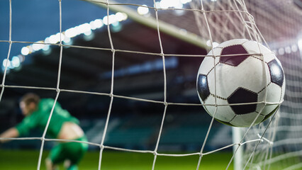 Football Championship: Ball Hits Net. Goalkeeper Jumps and Fails to Protect Goals, Competition...
