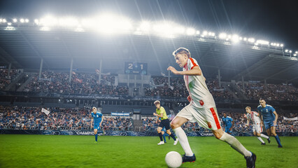 Professional Soccer Football Match Championship: White Team Attacks, Caucasian Forward Dribbles on an International Tournament. Stadium Crowd of Fans Cheers. Cinematic Beautiful Edit.