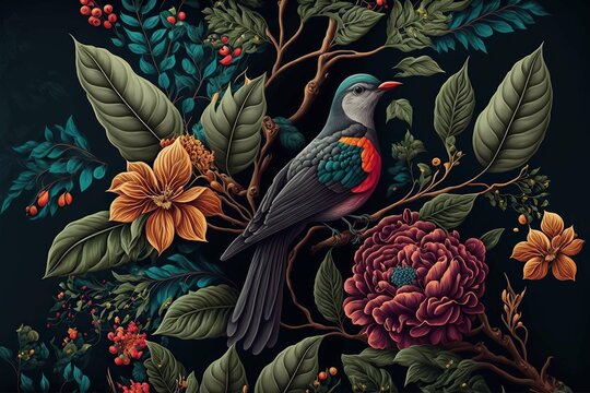 Vector illustrations pattern of flower, plant, leaves, bird, fantasy vintage ,for greeting card,Wedding invitations,Generative AI
